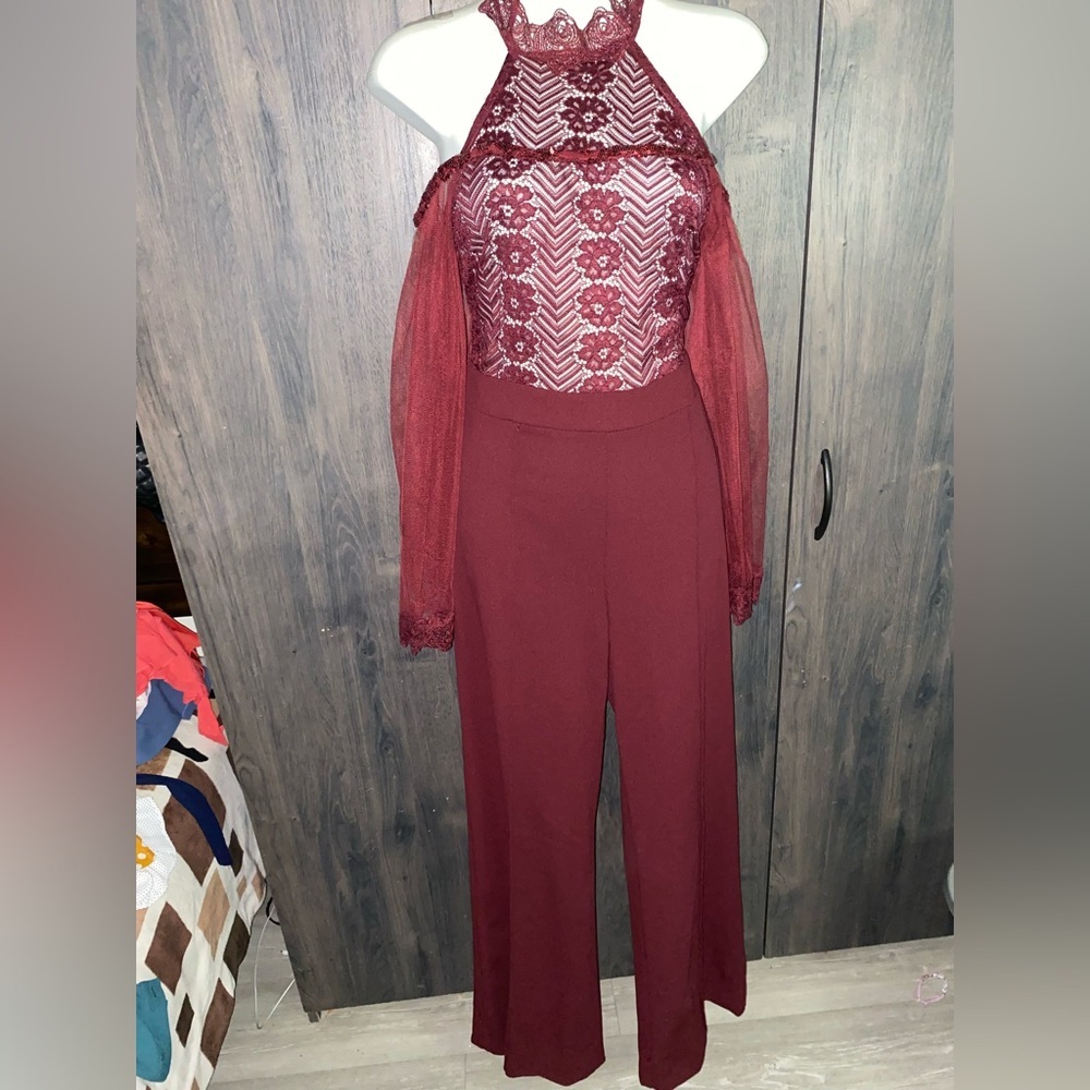 Valentine Elegant Burgundy Lace Jumpsuit size L like new.